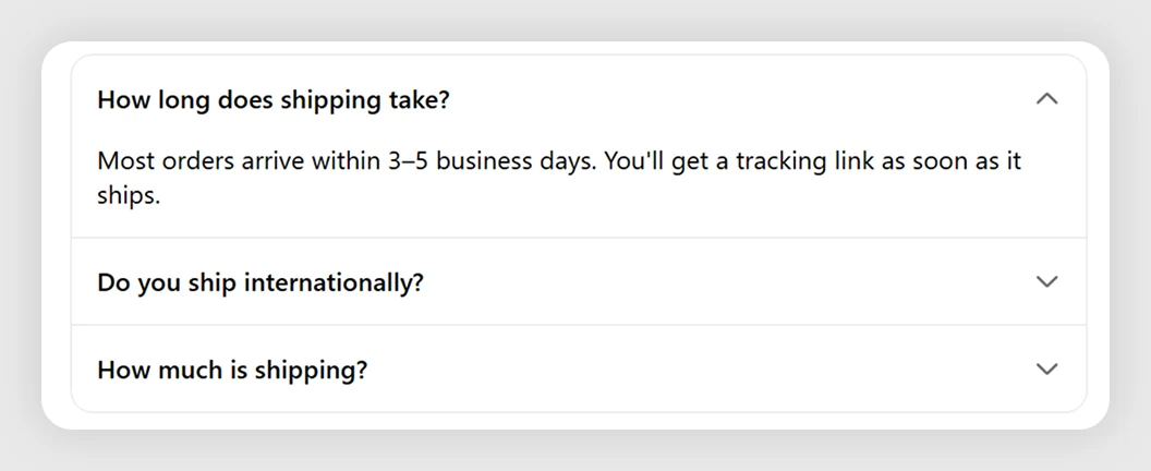 Shipping & Delivery FAQ template preview in Shopify checkout