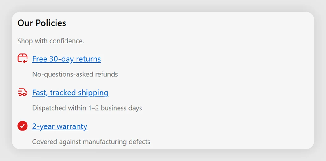 Store Policies template preview in Shopify checkout
