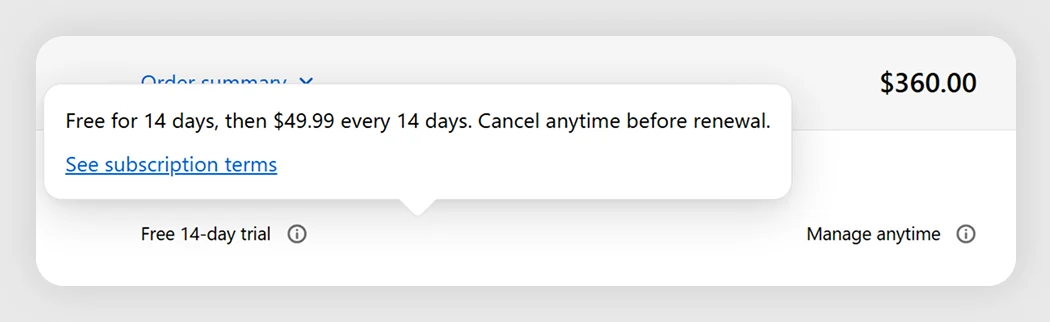 Subscription Billing Disclosure template preview in Shopify checkout